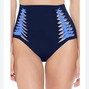 Becca Navy with Light Blue Lining Vintage Cut Bikini Bottoms with Cut Outs Med